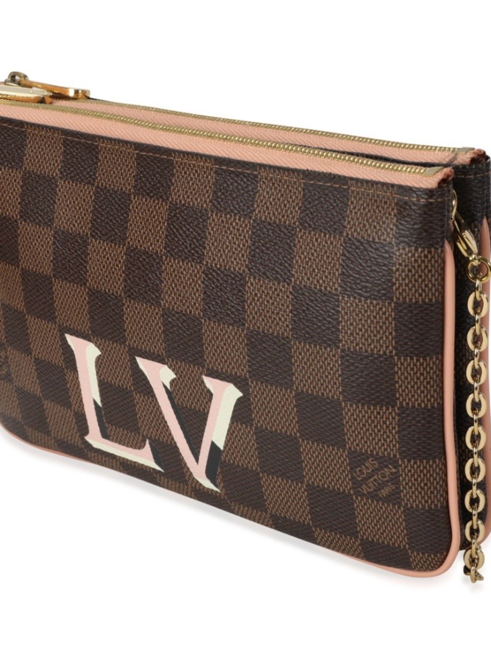 Louis Vuitton Brown Damier Ebene Canvas Pouch with Pink Trim and LV Initials - Picture 2 of 12